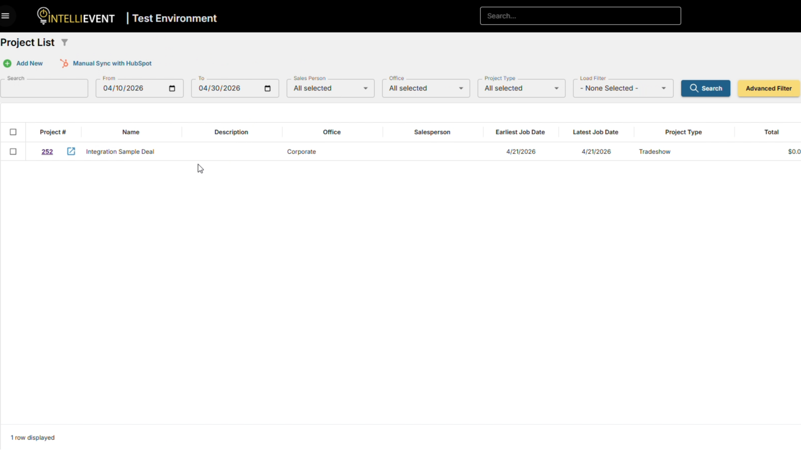 IntelliEvent Lightning project list with HubSpot sync, project data, filters, and CRM-linked deal workflow.