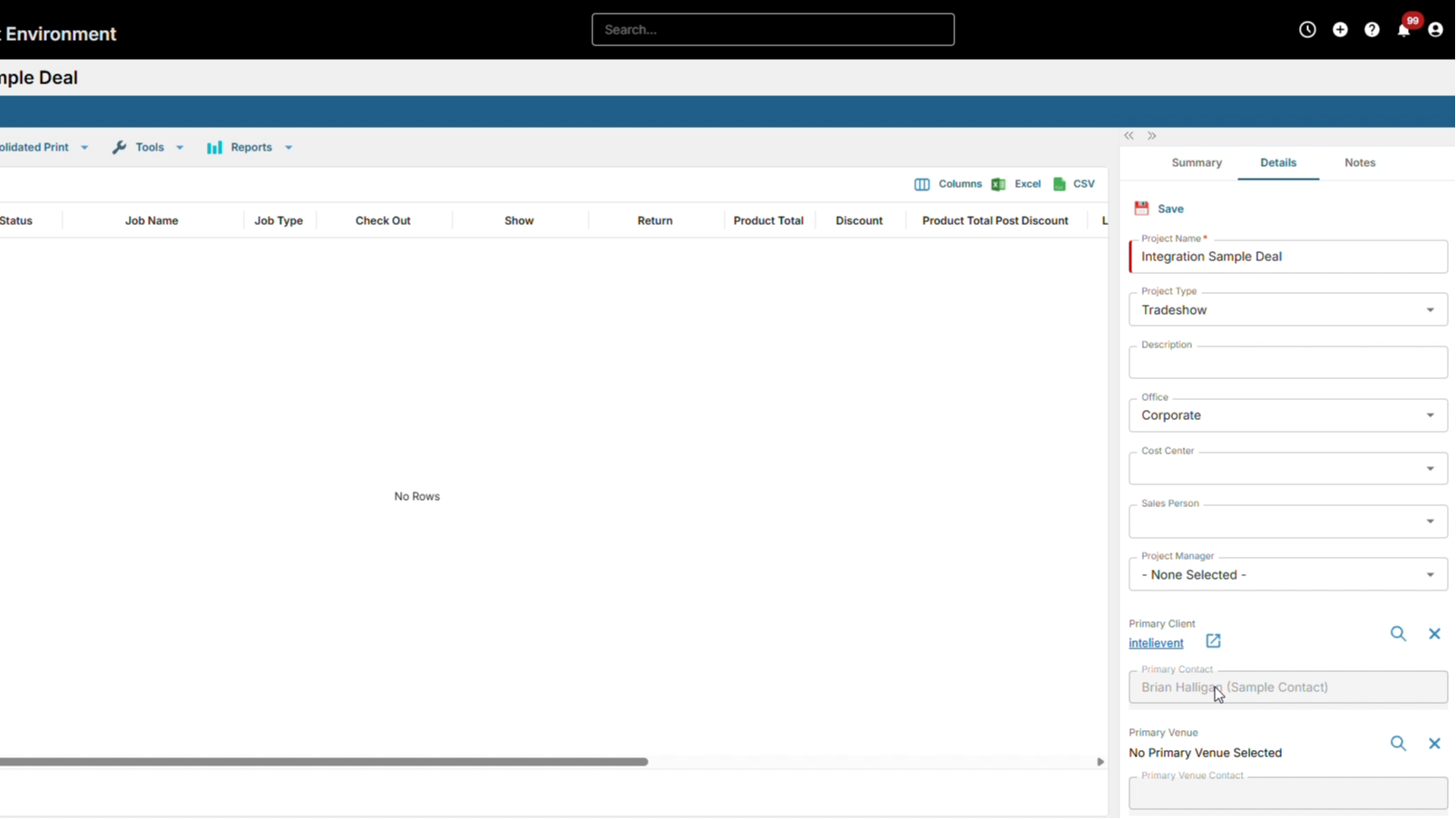 IntelliEvent Lightning project details with HubSpot integration, linked client/contact, and deal-to-project workflow.